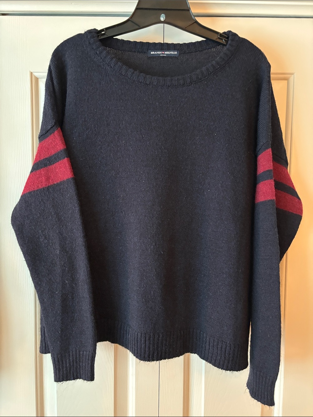 Brandy Melville Navy Crewneck Sweater with Red Sleeve Stripes